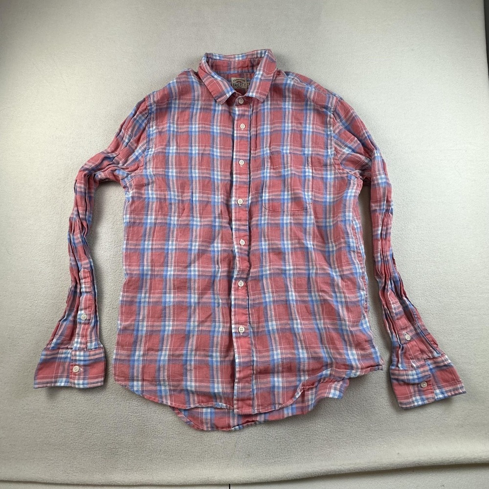 Faherty Linen Shirt Mens Large Red Blue Plaid Long Sleeve Button Up Casual